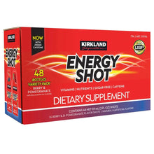 Energy Shot dietary supplement box with 48 bottles and assorted flavor variety