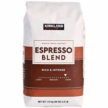 Whole bean espresso blend coffee bag with front label and dark roast strip