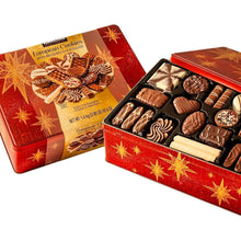Kirkland Signature European Cookies tin opened, assorted Belgian chocolate cookies inside