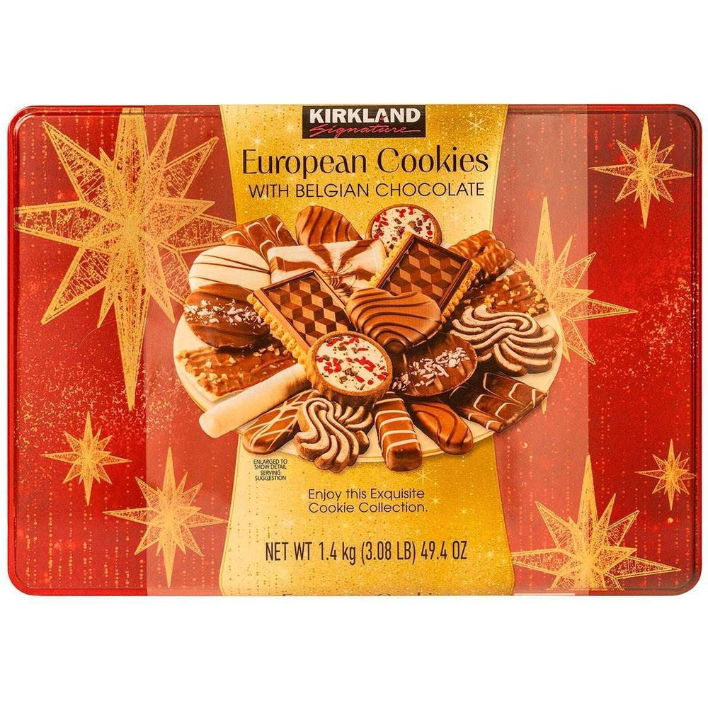 Kirkland Signature European Cookies tin, red gold star design with Belgian chocolate cookies