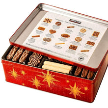 Kirkland Signature European Cookies tin with open lid, assorted Belgian chocolate cookies