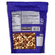Kirkland Extra Fancy Salted Mixed Nuts bag back with nutrition and ingredients panel