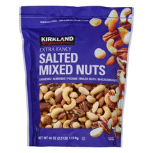 Kirkland Extra Fancy Salted Mixed Nuts bag with assorted nuts graphics