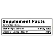 Supplement Facts panel: serving size 1 softgel, Vitamin D3 50 mcg (2000 IU)