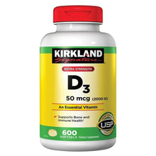 Vitamin D3 50 mcg softgel supplement bottle, 600 softgels, red cap