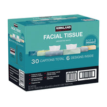 Facial tissue box, teal with white cartons, unscented white tissues
