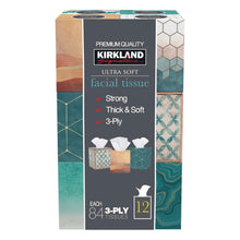 Kirkland Signature facial tissue 12-pack boxes, teal patterned, 3-ply tissues
