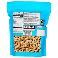 Kirkland Signature cashews bag with nutrition facts panel and whole unsalted cashews
