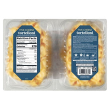 Two-pack five cheese tortelloni in plastic tray, nutrition and ingredient labels visible