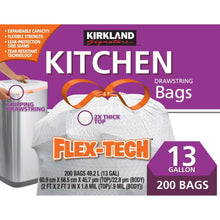 Kirkland Signature Flex-Tech 13-gallon kitchen trash bag box, 200-count