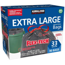 33-gallon trash bags box with Flex-Tech branding, extra large size, 90-count