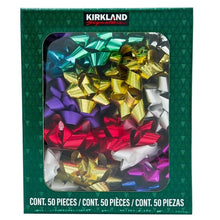 Kirkland Signature gift bows, 50-count box with assorted green, gold, silver, red, and purple bows