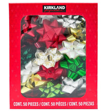 Kirkland Signature gift bows, 50-count box with assorted red, green, gold, silver, and white bows