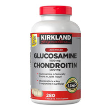 Glucosamine and chondroitin supplement bottle with red cap, front label panel