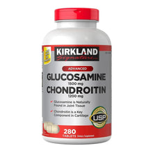 Glucosamine and chondroitin supplement bottle with front label and red cap
