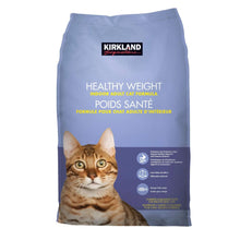 Kirkland Signature cat food bag, light blue with healthy weight label