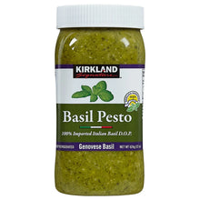Basil pesto jar with white cap and green basil spread label, 22 oz