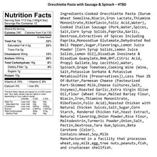 Nutrition facts label for orecchiette pasta with sausage and spinach