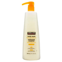 Kirkland Signature liquid body wash bottle with orange pump, front label