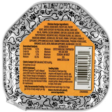 Wet dog food loaf tray back label with ingredients, nutrition info, and feeding guide