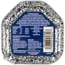Wet dog food loaf tray back label with ingredient list, feeding guide, and barcode