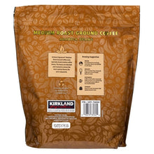 Kirkland Signature medium roast ground coffee pouch, back label view, arabica beans.
