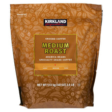 Kirkland Signature medium roast ground coffee bag, 40 oz, arabica beans.