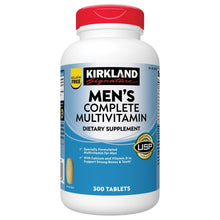 Kirkland Signature men's multivitamin bottle with red cap and blue label, 300 tablets