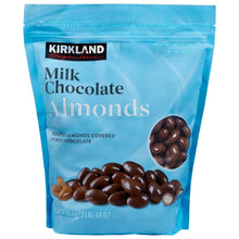 Milk chocolate almond pouch with Kirkland label and whole coated almonds