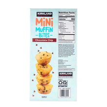 Chocolate chip mini muffin bites pouch with Nutrition Facts panel and 4 muffin stack