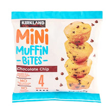 Chocolate chip mini muffin bites pouch with 4 muffins; resealable snack bag packaging