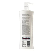 Kirkland moisture conditioner bottle with pump, back label text and barcode