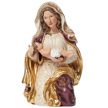 Nativity figurine of Mary holding baby Jesus in white and gold robe