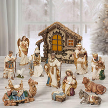 14-piece nativity scene figurines with wooden stable, Mary, Joseph, and animals