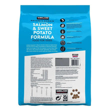 Salmon & sweet potato dog food bag back label with ingredients and nutrition table