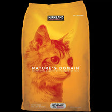 Kirkland Nature's Domain cat food bag, yellow with cat and salmon sweet potato label