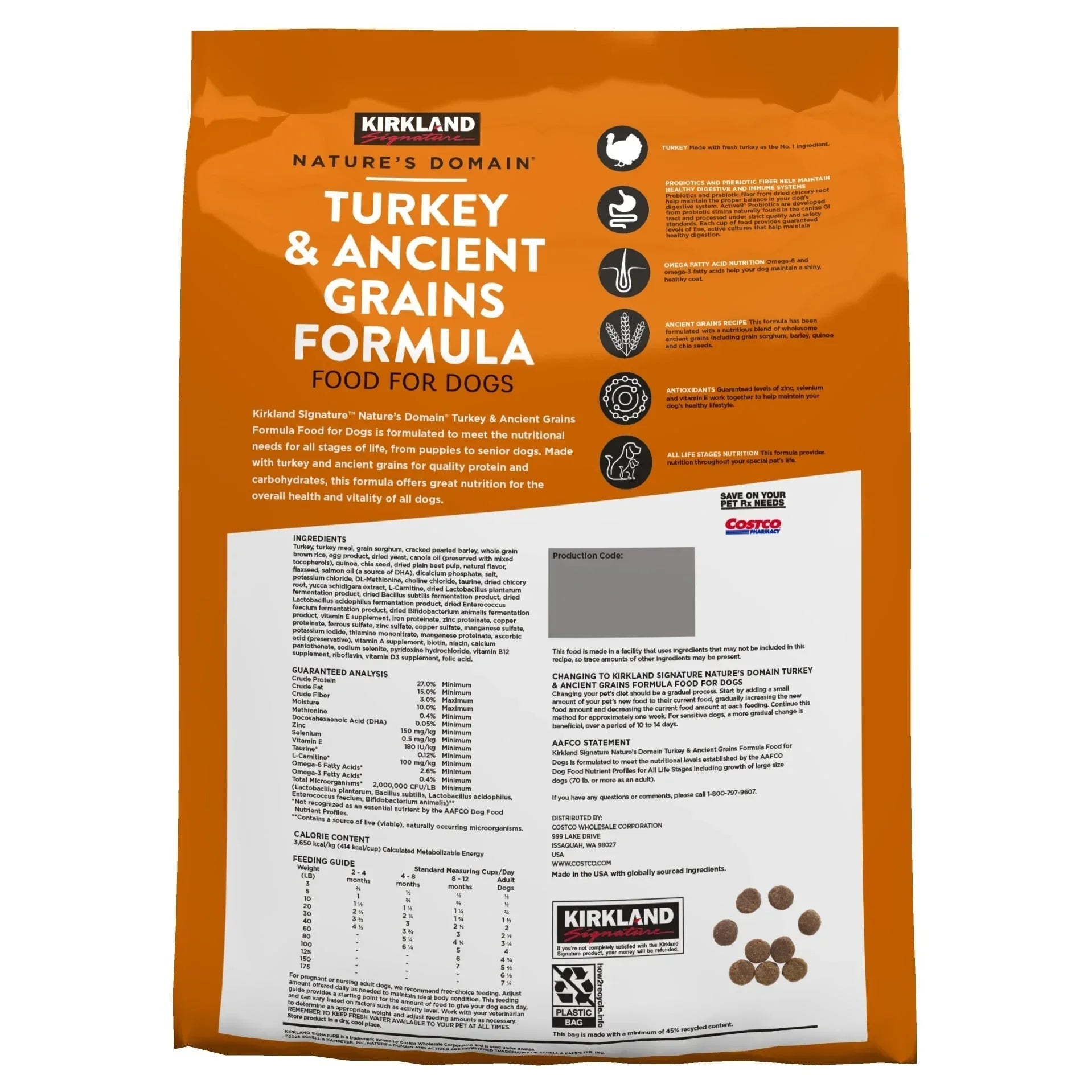 Kirkland Signature Nature's Domain Dog Food, Turkey & Ancient Grains, 25 lbs