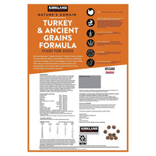 Kirkland Nature's Domain turkey & ancient grains dog food bag, ingredient facts panel
