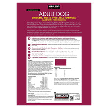 Adult dog food bag back panel with nutrition facts and supplement icons.