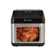 Multi-function air fryer with black control panel, clear window, and stainless body.
