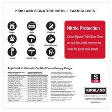 Kirkland Signature nitrile exam gloves information for size S, printed panel