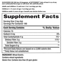 Supplement Facts label: OPTIFIBER fiber supplement, 2 tsp (4 g) serving size