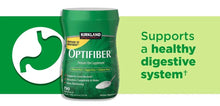 Kirkland OPTIFIBER prebiotic fiber tub with digestive system graphic banner