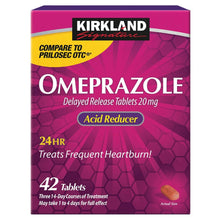 Omeprazole 20 mg delayed-release tablets box, 42 count, purple Kirkland Signature packaging