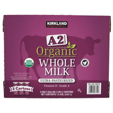 Kirkland Signature Organic whole milk A2 carton, ultra-pasteurized, 3 half-gallon packs