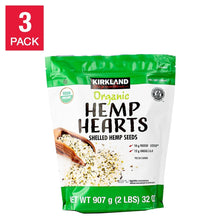 Kirkland Signature organic hemp hearts bag with shelled hemp seeds, green and white