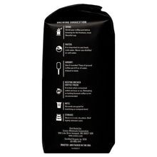 Dark whole bean coffee bag back with brewing, water, amount, and storage instructions