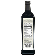Organic balsamic vinegar bottle with back label and Nutrition Facts panel