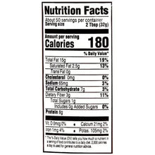Nutrition facts panel for creamy peanut butter, showing calories and serving info