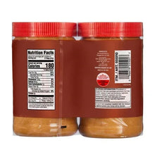 Organic peanut butter jars with back label text and nutrition facts, two-pack